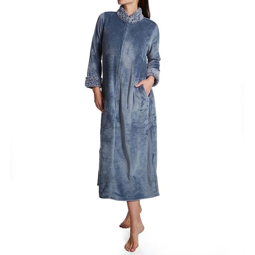 N by Natori Plush Lynx Cashmere Fleece Mandarin Zip Caftan - Blue Granite